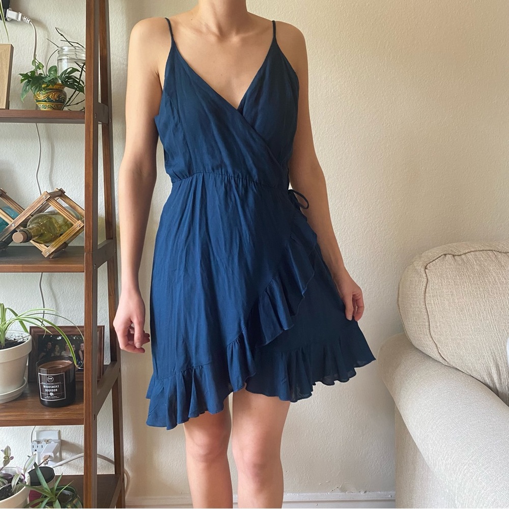 NWT Patrons of Peace mini spaghetti strap navy ruffle wrap dress size XS